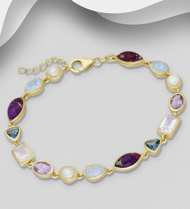 terling Silver Bracelet, Decorated with Reconstructed Purple Copper Turquoise, Amethyst, Rainbow Moonstone, Light Chalcedony Jade, Plated with 0.3 Micron 18K Yellow Gold