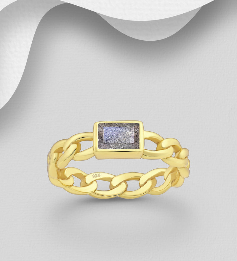 Sterling Silver Chain Link Ring, Decorated with Labradorite, Plated with 0.3 Micron 18K Yellow Gold