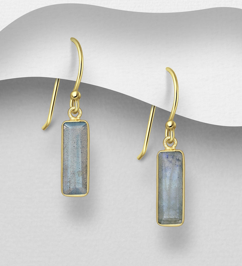 Sterling Silver Hook Earrings, Decorated with Labradorite, Plated with 0.3 Micron 18K Yellow Gold