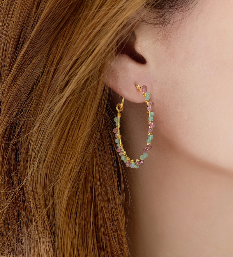 Sterling Silver Hoop Earrings, Beaded with and Pink Tourmaline and Sky Blue Jade, Plated with 0.3 Micron 18K Yellow Gold