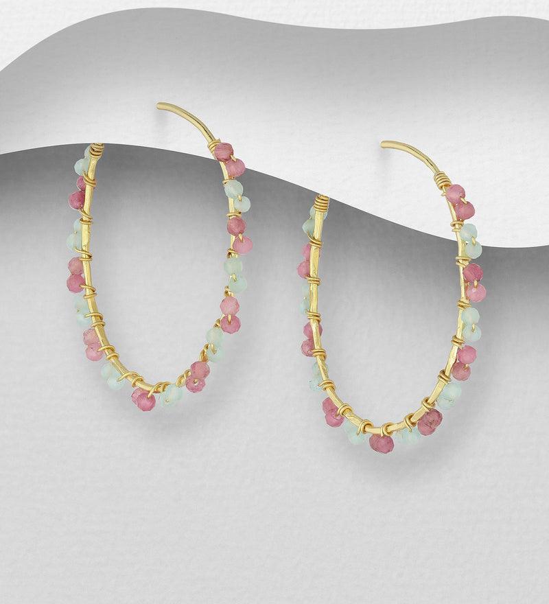 Sterling Silver Hoop Earrings, Beaded with and Pink Tourmaline and Sky Blue Jade, Plated with 0.3 Micron 18K Yellow Gold