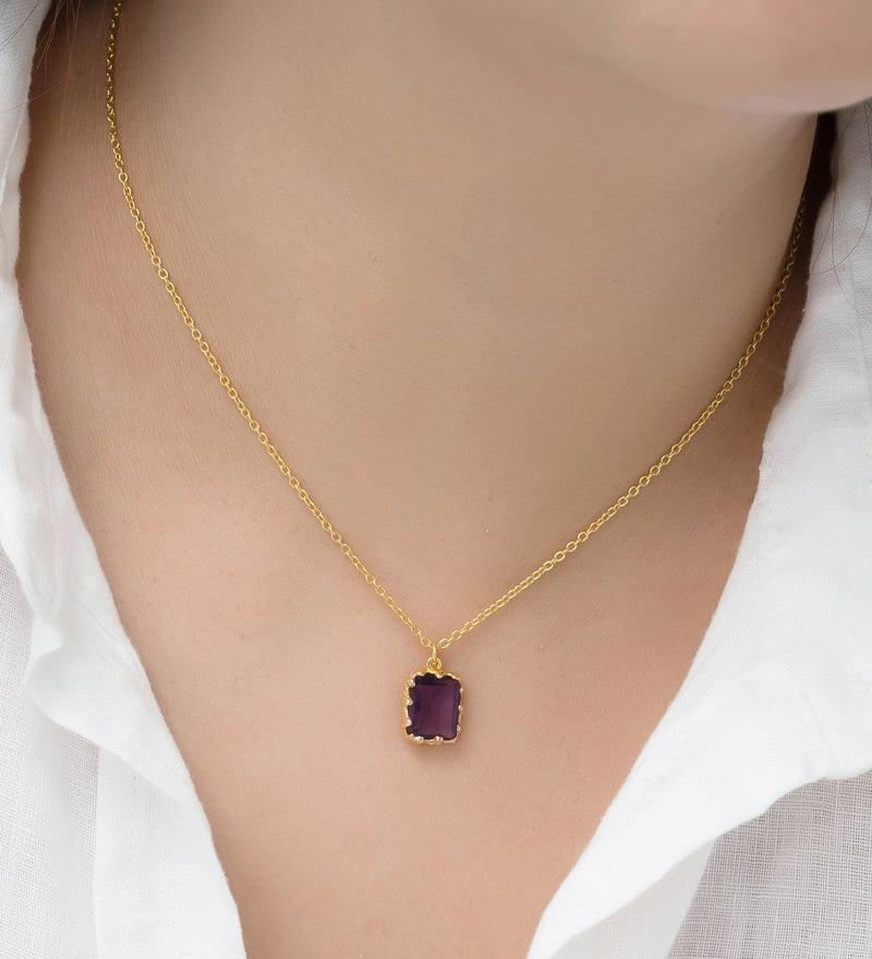 Sterling Silver Necklace, Decorated with Lab-Created Rhodolite, Plated with 0.3 Micron 18K Yellow Gold