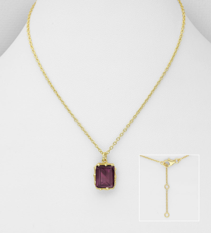 Sterling Silver Necklace, Decorated with Lab-Created Rhodolite, Plated with 0.3 Micron 18K Yellow Gold