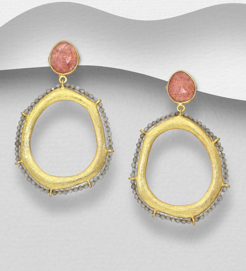 Sterling Silver Push-Back Earrings, Decorated with Labradorite and Strawberry Quartz, Plated with 0.3 Micron 18K Yellow Gold