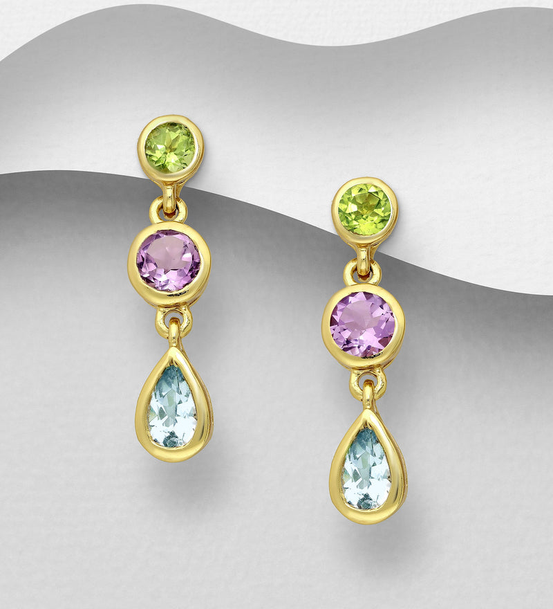 Sterling Silver Hook Earrings, Decorated with Smoky Quartz, Plated with 0.5 Micron 18K Yellow Gold