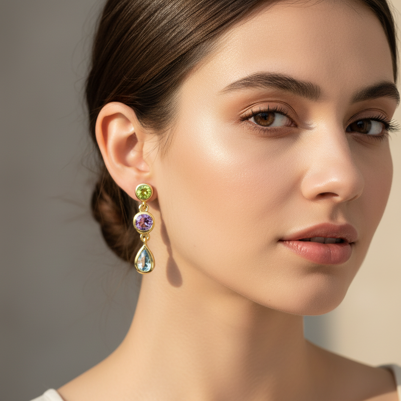 Sterling Silver Hook Earrings, Decorated with Smoky Quartz, Plated with 0.5 Micron 18K Yellow Gold