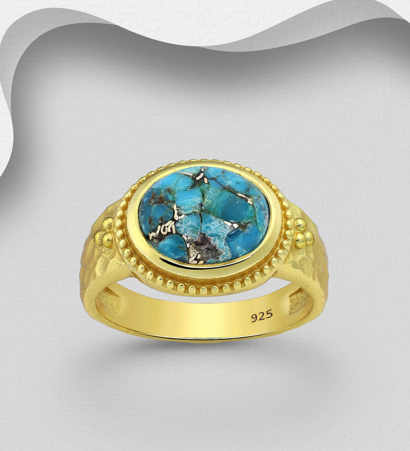 Sterling Silver Ring, Decorated with Reconstructed Copper Turquoise, Plated with 0.3 Micron 18K Yellow Gold