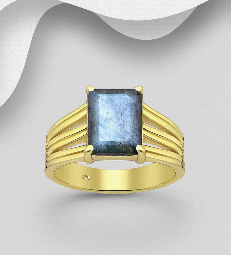 Sterling Silver Ring, Decorated with Labradorite, Plated with 0.3 Micron 18K Yellow Gold