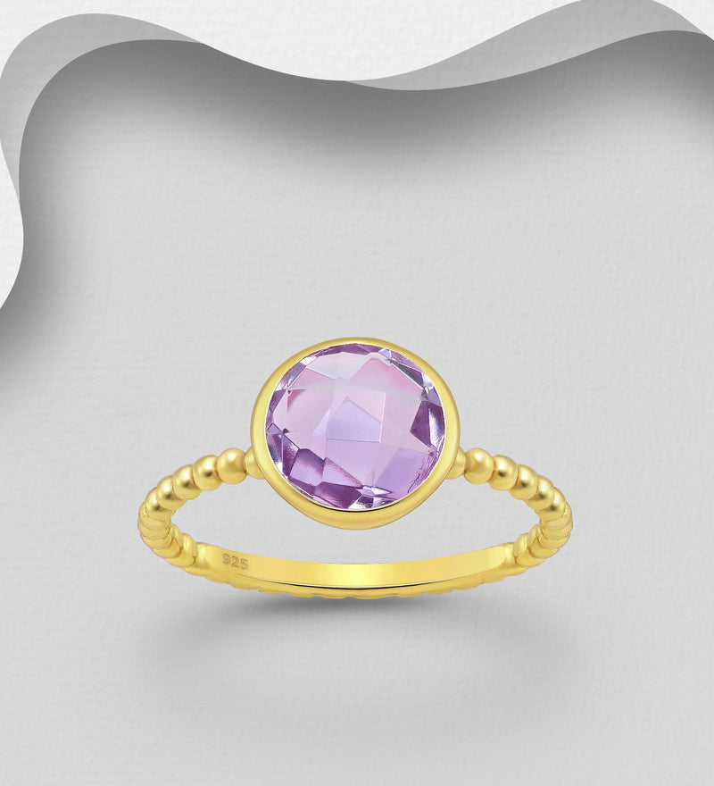Sterling Silver Ring, Decorated with Amethyst, Plated with 0.3 Micron 18K Yellow Gold