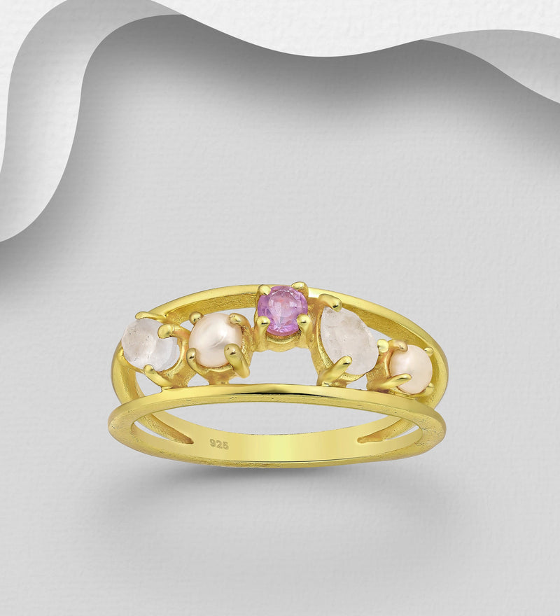 Sterling Silver Ring, Decorated with Freshwater Pearls, Amethyst, and Rainbow Moonstone, Plated with 0.3 Micron 18K Yellow Gold