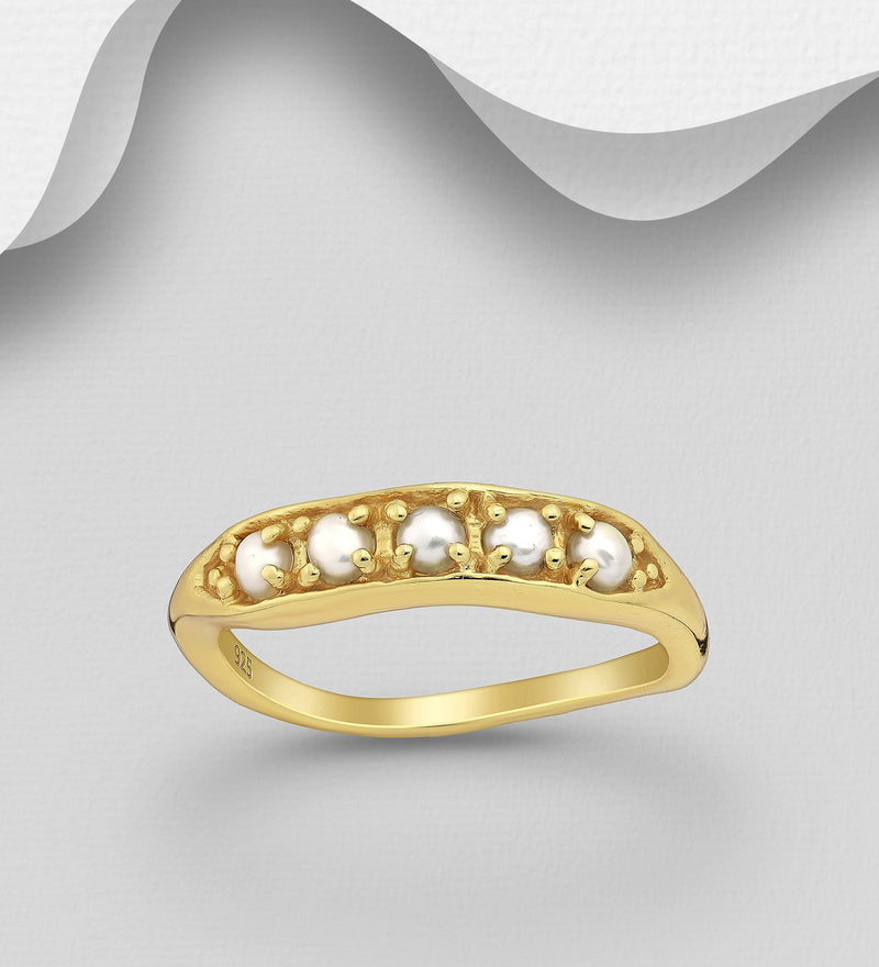 Sterling Silver Ring, Decorated with Freshwater Pearls, Plated with 0.3 Micron 18K
