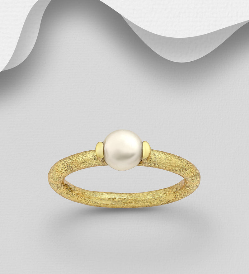 Sterling Silver Ring, Decorated with Freshwater Pearl, Plated with 0.3 Micron 18K Yellow Gold
