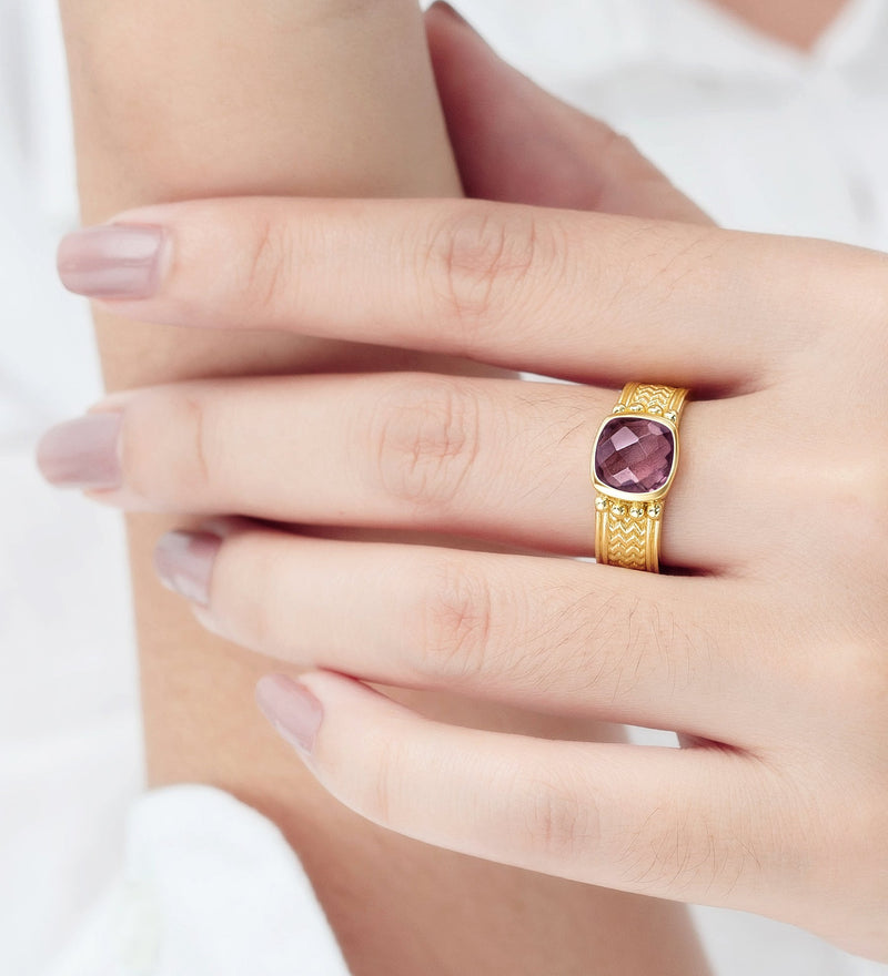 Sterling Silver Ring, Decorated with Lab-Created Rhodolite, Plated with 0.3 Micron 18K Yellow Gold