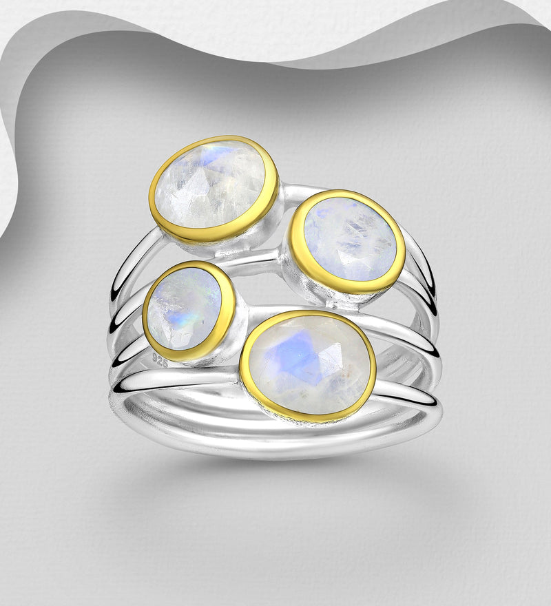 Sterling Silver Ring, Decorated with Rainbow Moonstone, Plated with 0.3 Micron 18K Yellow Gold