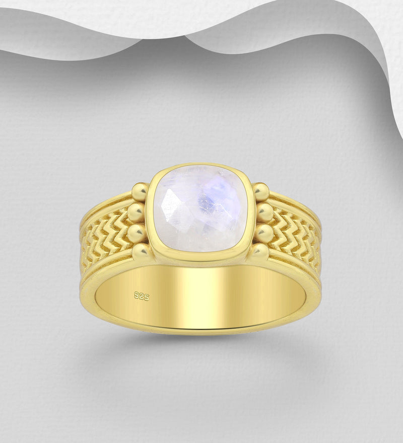 925 Sterling Silver Ring, Decorated with Rainbow Moonstone, Plated with 0.3 Micron 18K Yellow Gold
