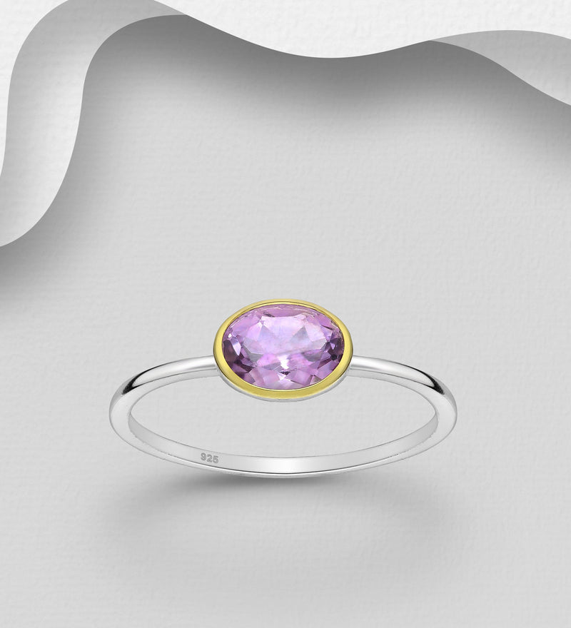 Sterling Silver Solitaire Ring, Decorated with Amethyst, Bezel Plated with 0.3 Micron 18K Yellow Gold