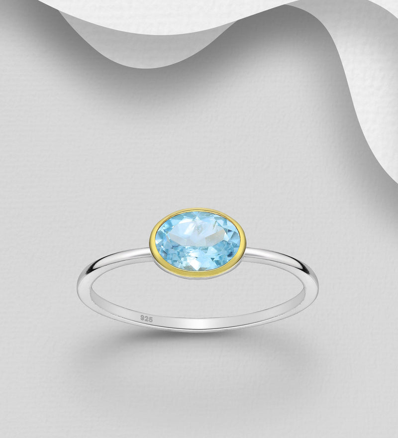 Sterling Silver Solitaire Ring, Decorated with Sky-Blue Topaz, Bezel Plated with 0.3 Micron 18K Yellow Gold