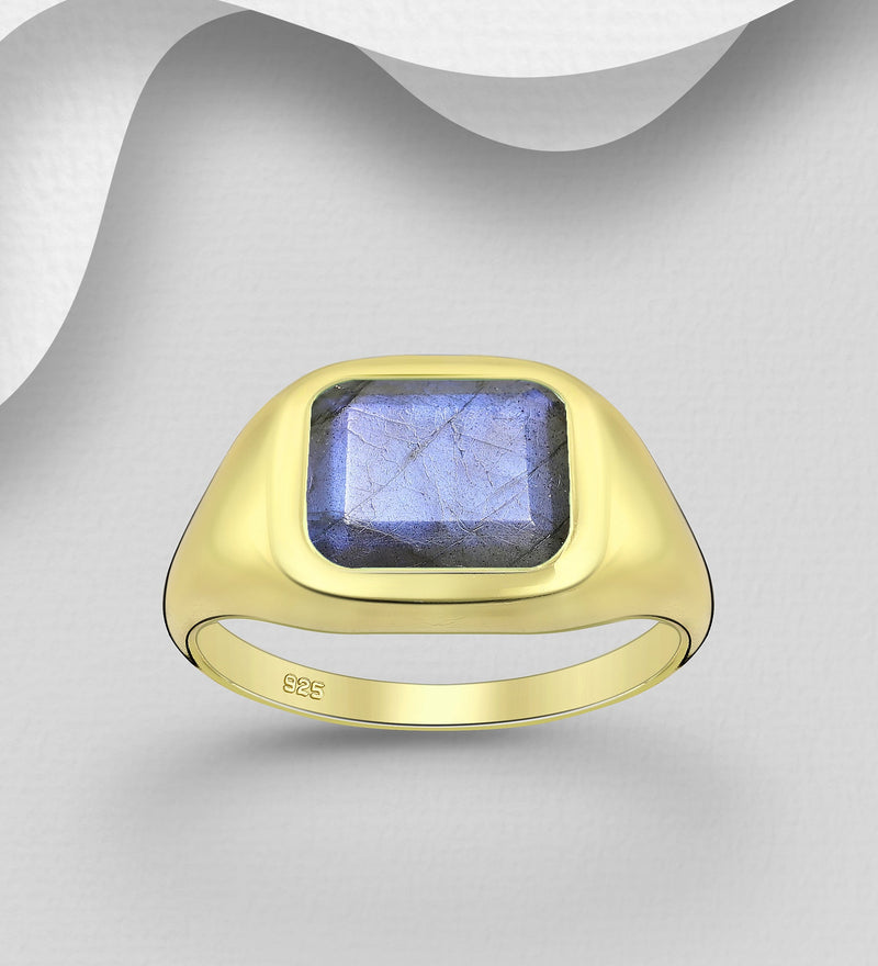 Sterling Silver Chain Link Ring, Decorated with Labradorite, Plated with 0.3 Micron 18K Yellow Gold