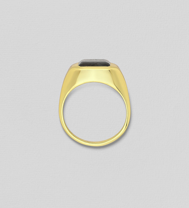 Sterling Silver Chain Link Ring, Decorated with Labradorite, Plated with 0.3 Micron 18K Yellow Gold