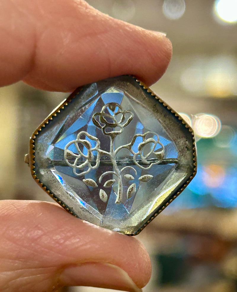 Vintage etched floral design on blue glass pin 1 x 1