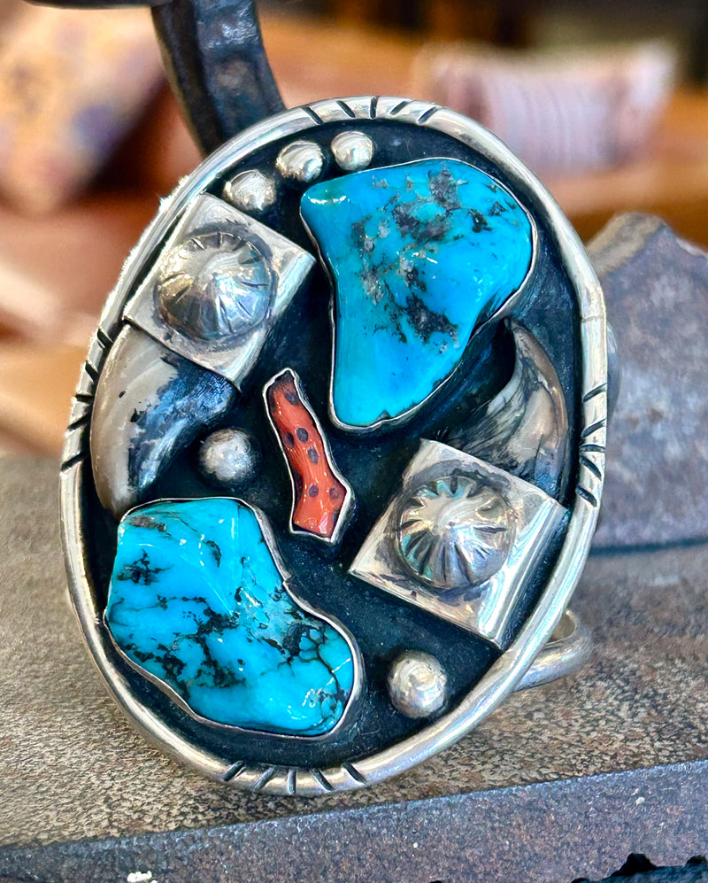 Sterling Silver American Indian Turquoise + Coral Cuff