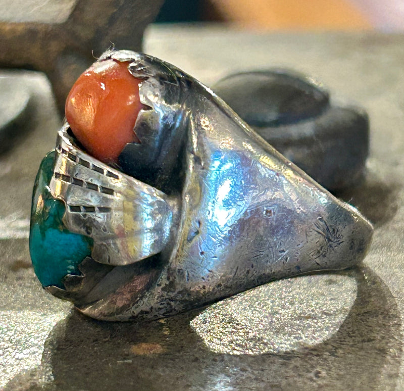 Sterling silver Navajo Turquoise and coral ring, size 10 1/2