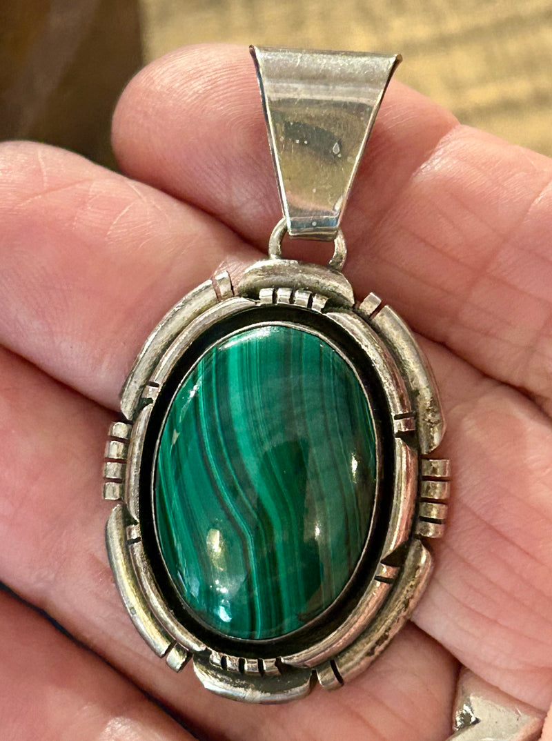 Vintage Sterling Silver Navajo Signed Malachite Pendant