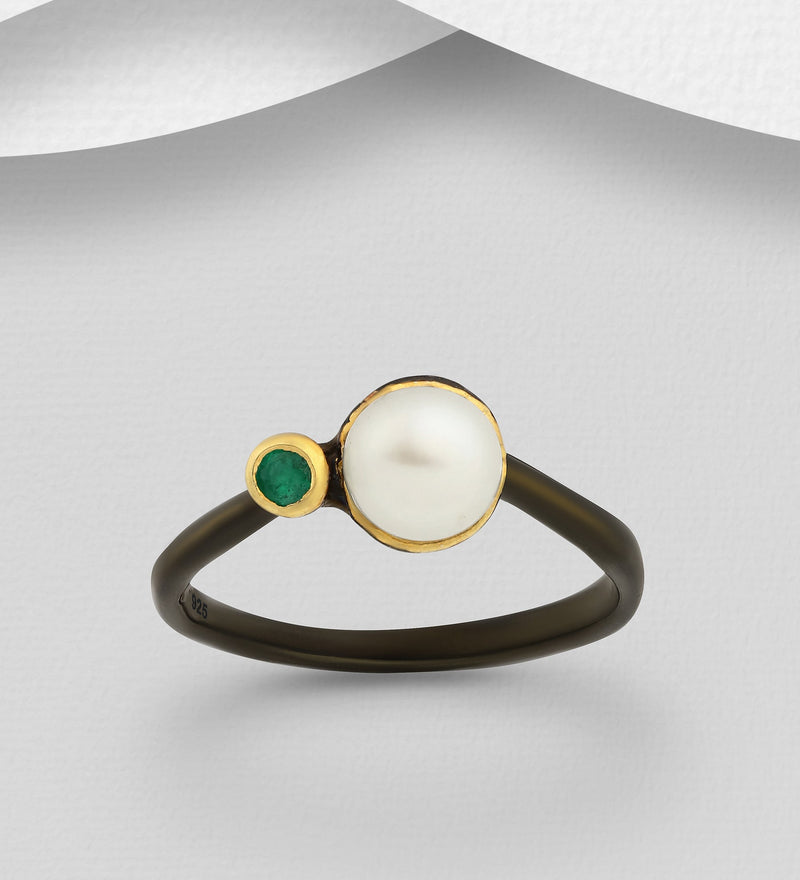 Sterling Silver Ring Decorated with Freshwater Pearl and Emerald, Plated with 3 Micron 22K Yellow Gold and Black Rhodium