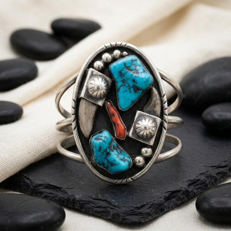 Sterling Silver American Indian Turquoise + Coral Cuff