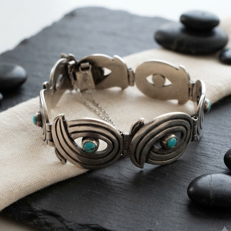 Artisan Sterling Silver Turquoise Paisley Panel Bracelet