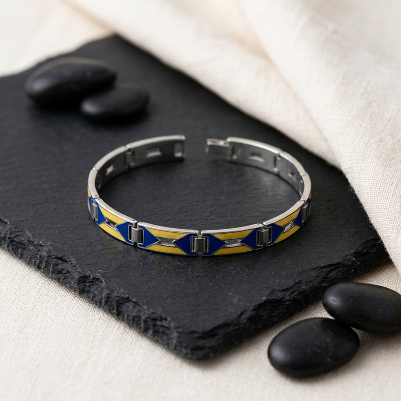 1930s Sterling Silver Blue + Yellow Enamel Bracelet 6 1/2" in diameter