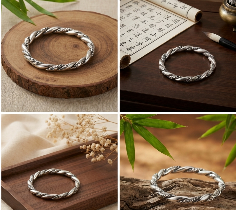 Antique Engraved Silver Bangle Bracelet