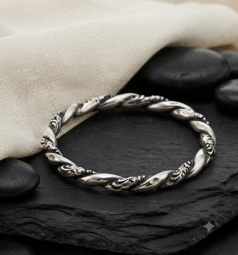 Antique Engraved Silver Bangle Bracelet