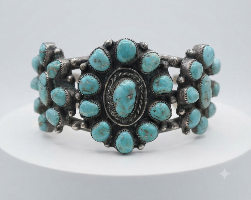 1940's sterling silver Navajo turquoise cluster cuff 5 inch with 1 1/4 inch opening