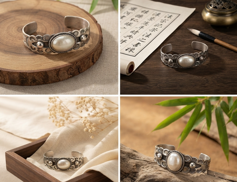 Vintage Etched Stone Cuff in Sterling Silver