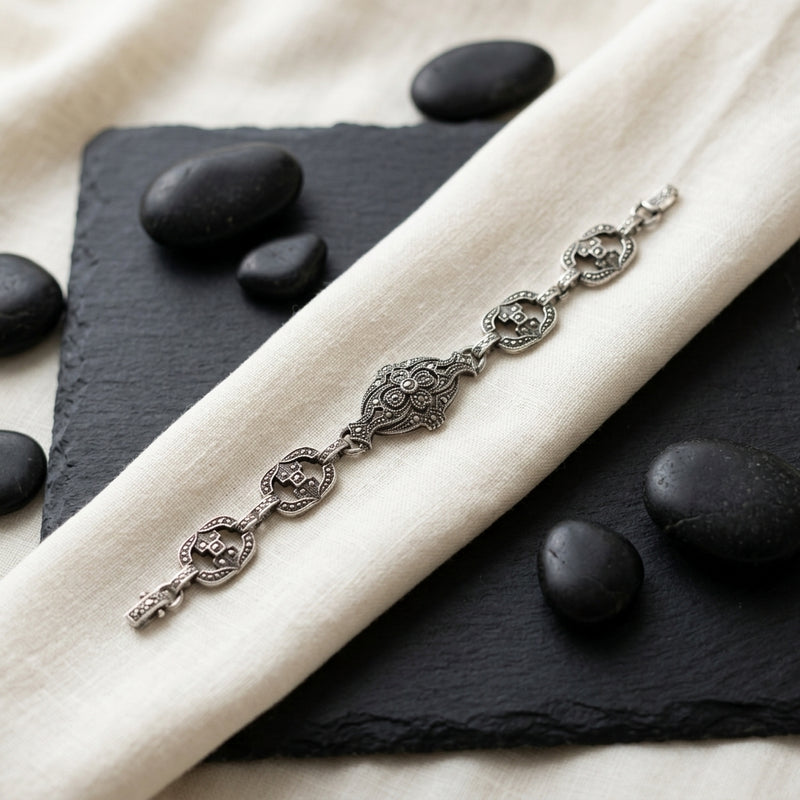 Sterling Silver Marcasite Link Bracelet 1930s