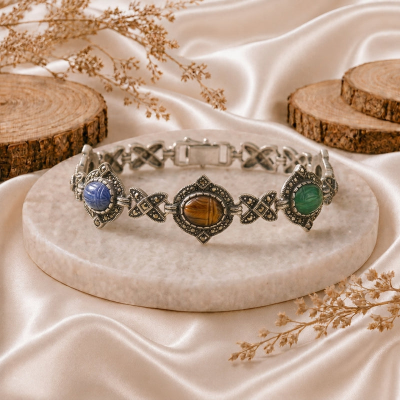 Sterling Silver Gemstones Scarab & Marcasite Bracelet 8" in diameter
