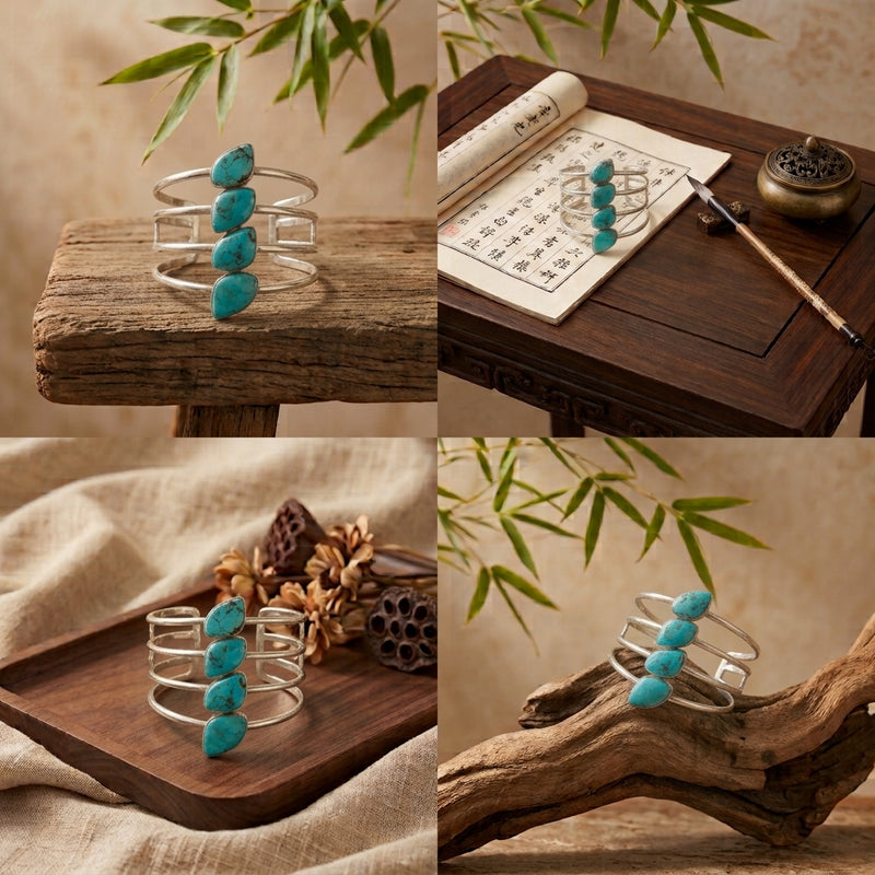 Sterling Silver Four-Stone Turquoise Cuff Bracelet.