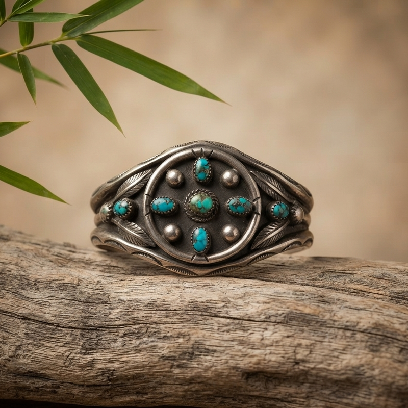 Signed Sterling Silver Turquoise Cluster Cuff