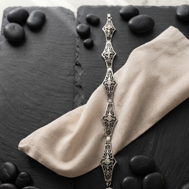 14K White Gold Filigree Diamond Link Bracelet