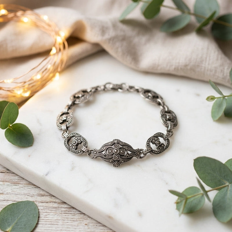 Sterling Silver Marcasite Link Bracelet 1930s
