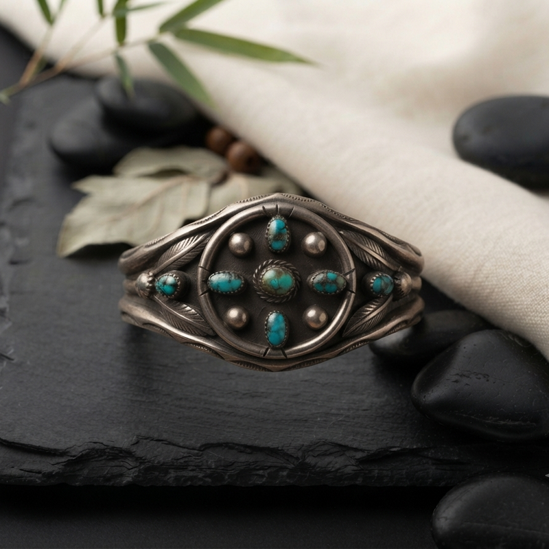 Signed Sterling Silver Turquoise Cluster Cuff