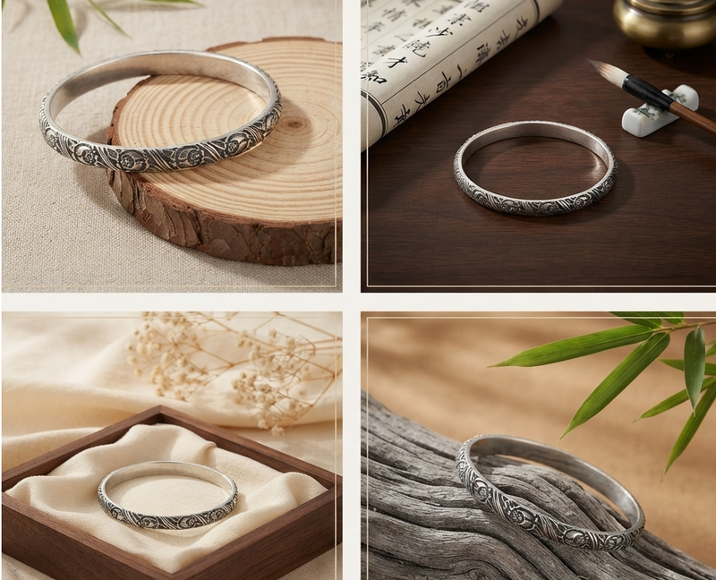 Sterling Silver Floral Etched Bangle