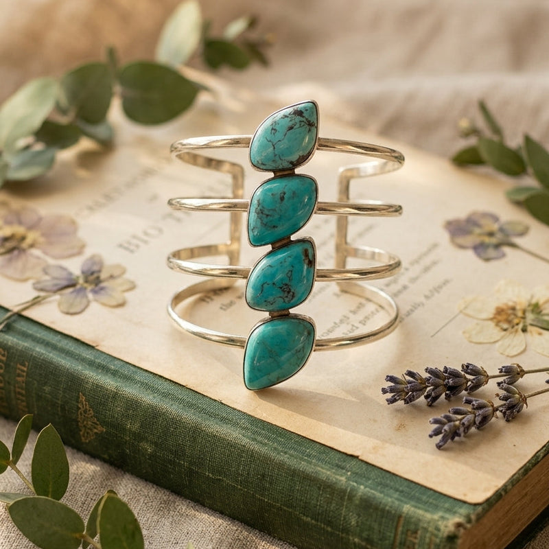 Sterling Silver Four-Stone Turquoise Cuff Bracelet.