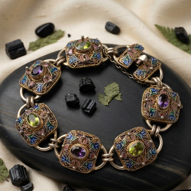 Vintage Multi-Stone Amethyst and Peridot Silver Bracelet