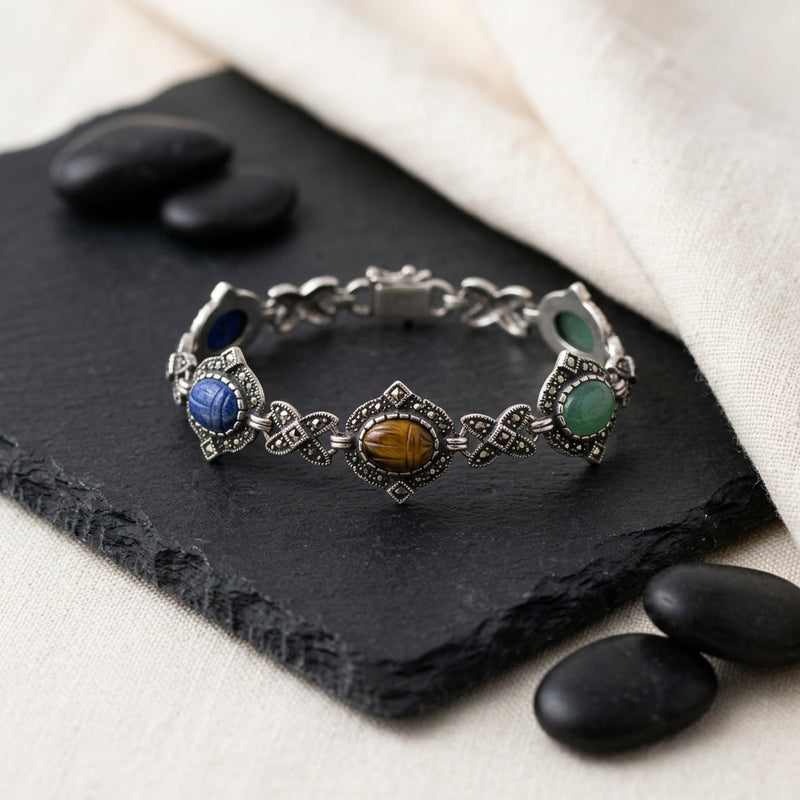 Sterling Silver Gemstones Scarab & Marcasite Bracelet 8" in diameter