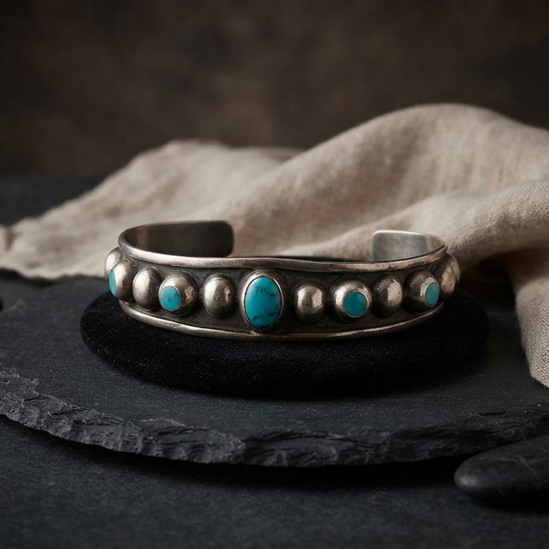 Vintage Mexican Sterling Silver Turquoise Cuff Bracelet