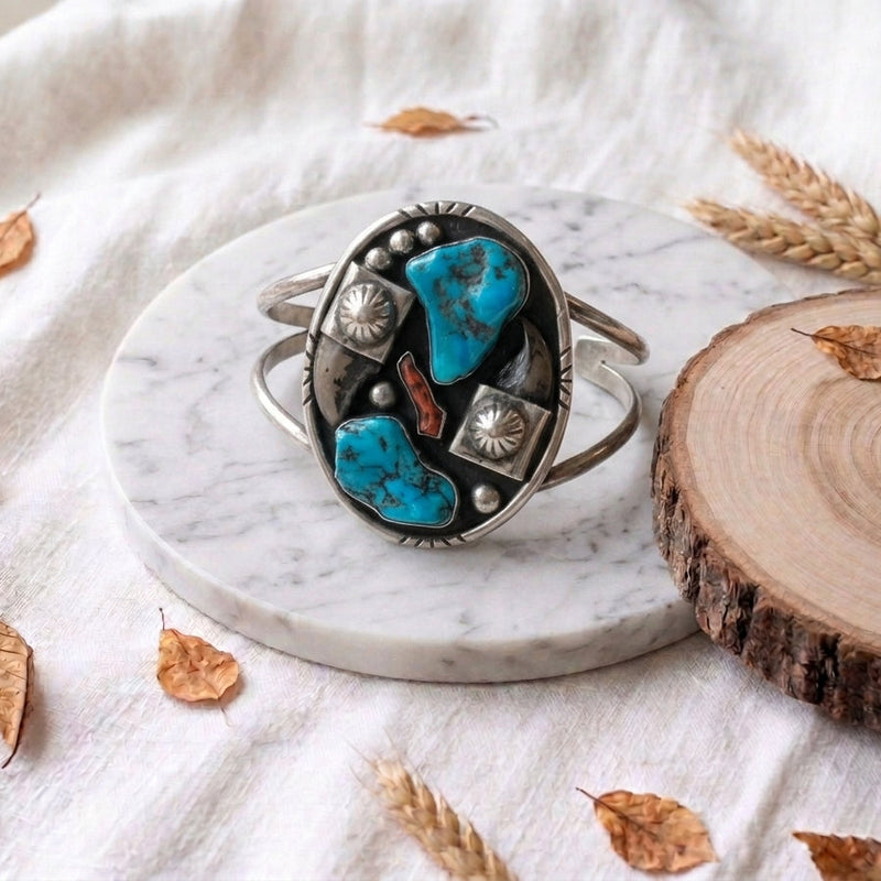 Sterling Silver American Indian Turquoise + Coral Cuff