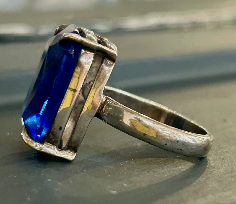 Sterling Silver Emerald Cut Blue Stone Ring – Size 7