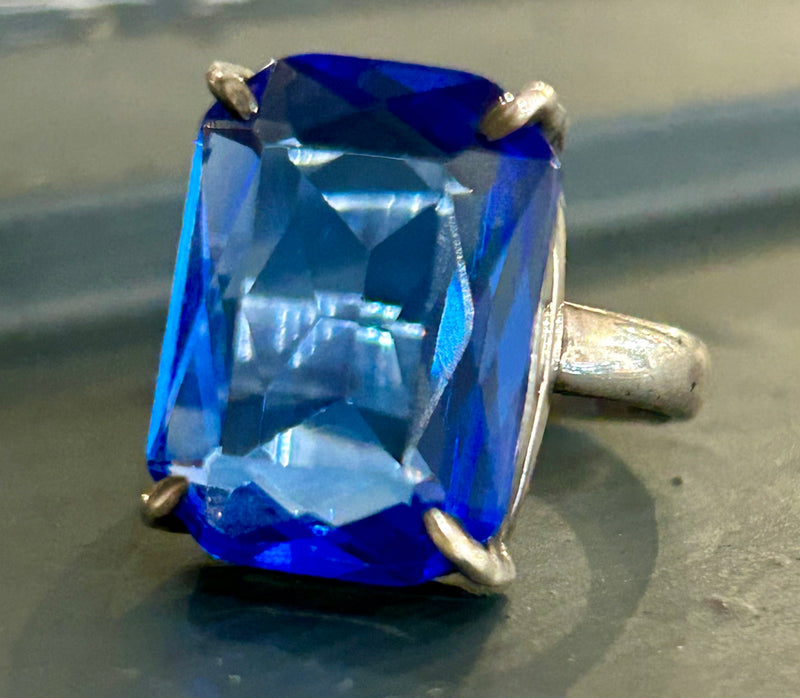 Sterling Silver Emerald Cut Blue Stone Ring – Size 7